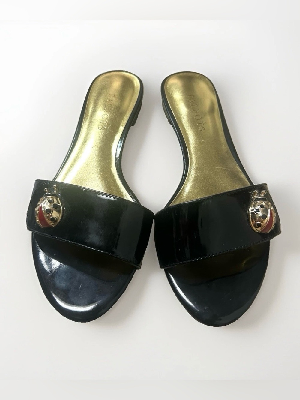 Talbots Patent Leather Sandals Lady Bug Charm Black Slide Flats Women Sz 9M
